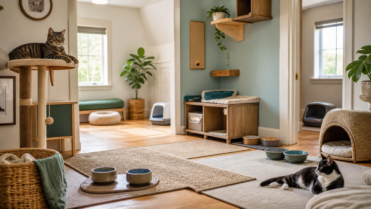 Brown tabby and black-and-white cat use separate perches, hides, bowls, and litter areas in a spacious room