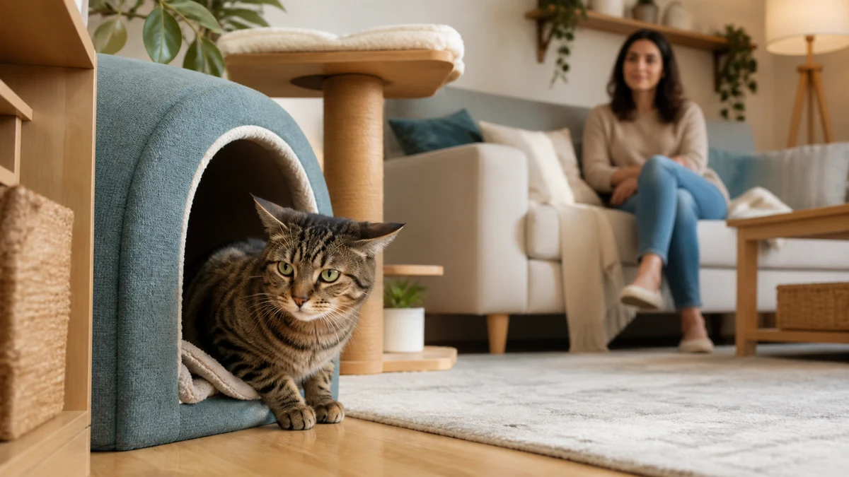 Brown tabby cat watching from a covered hide while a caregiver observes calmly from several feet away