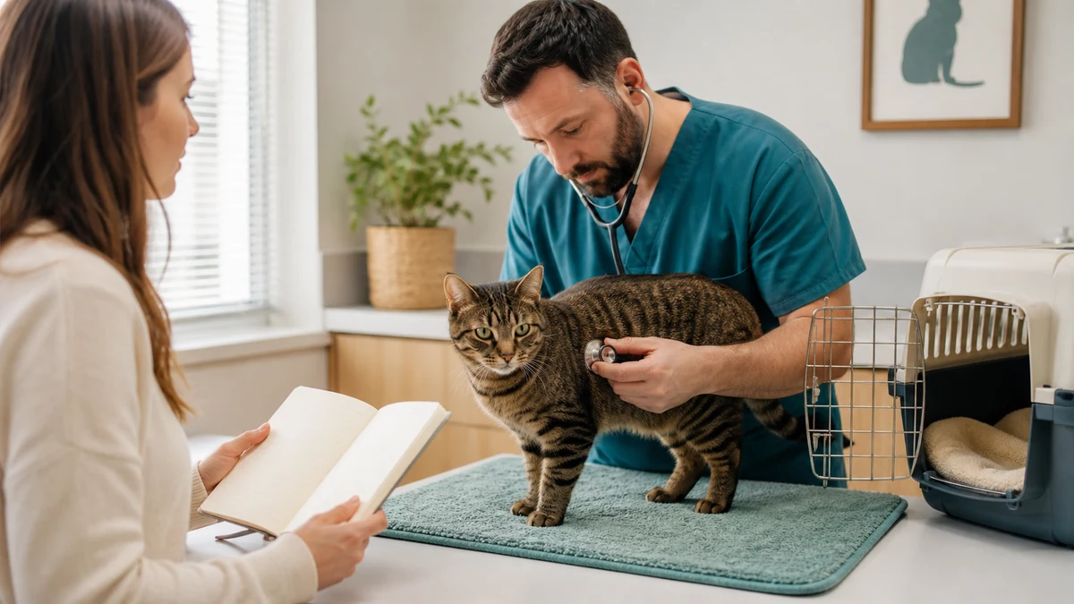 Veterinarian calmly examines a brown tabby on a soft mat while the caregiver shares an observation notebook