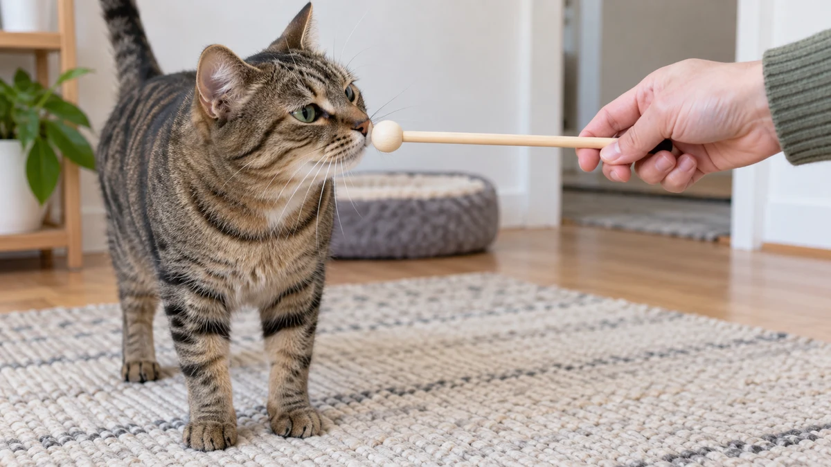 Brown tabby voluntarily making a gentle nose touch to the rounded end of a target stick on a stable rug