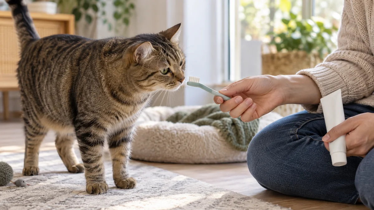 Relaxed brown tabby voluntarily leans toward a caregiver holding a soft cat toothbrush beside a plain toothpaste tube
