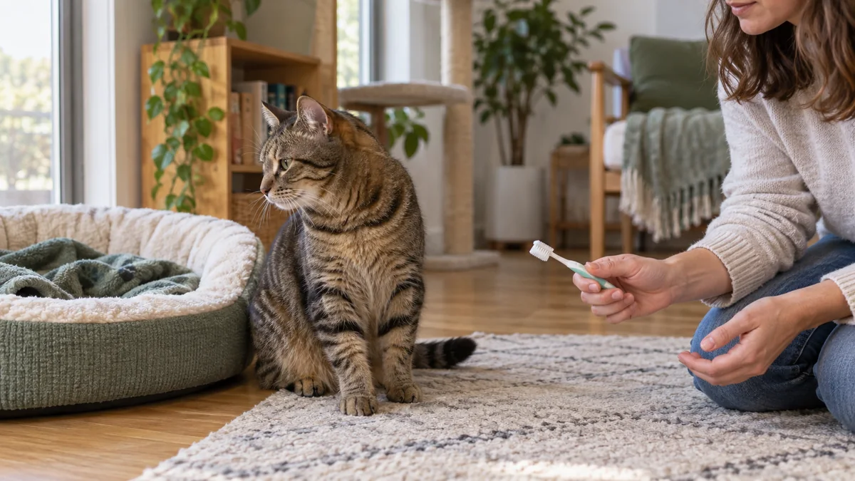 Brown tabby turns its head away as the caregiver immediately lowers the toothbrush and leaves the retreat route open