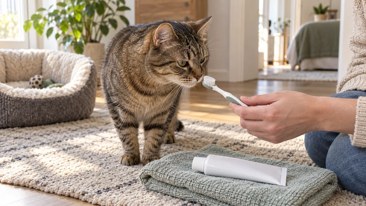 Brown tabby voluntarily sniffs a soft cat toothbrush beside a plain toothpaste tube while the caregiver keeps the tool still