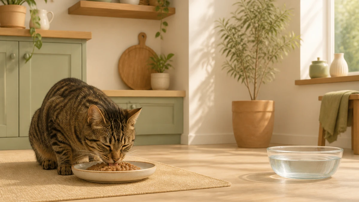 Brown tabby eating moisture-rich wet food while a separate glass bowl provides another source of water