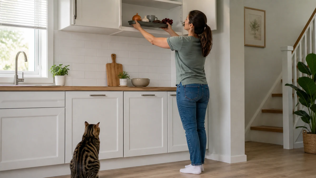 Caregiver storing onion, garlic, chocolate, coffee, and grapes in a high cabinet beyond a tabby cat’s reach