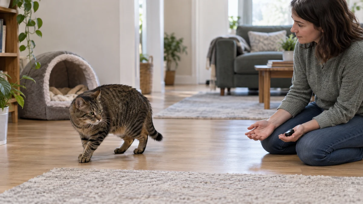 Brown tabby turns away with a lowered posture while the caregiver stops clicking, lowers open hands, and leaves the retreat route clear
