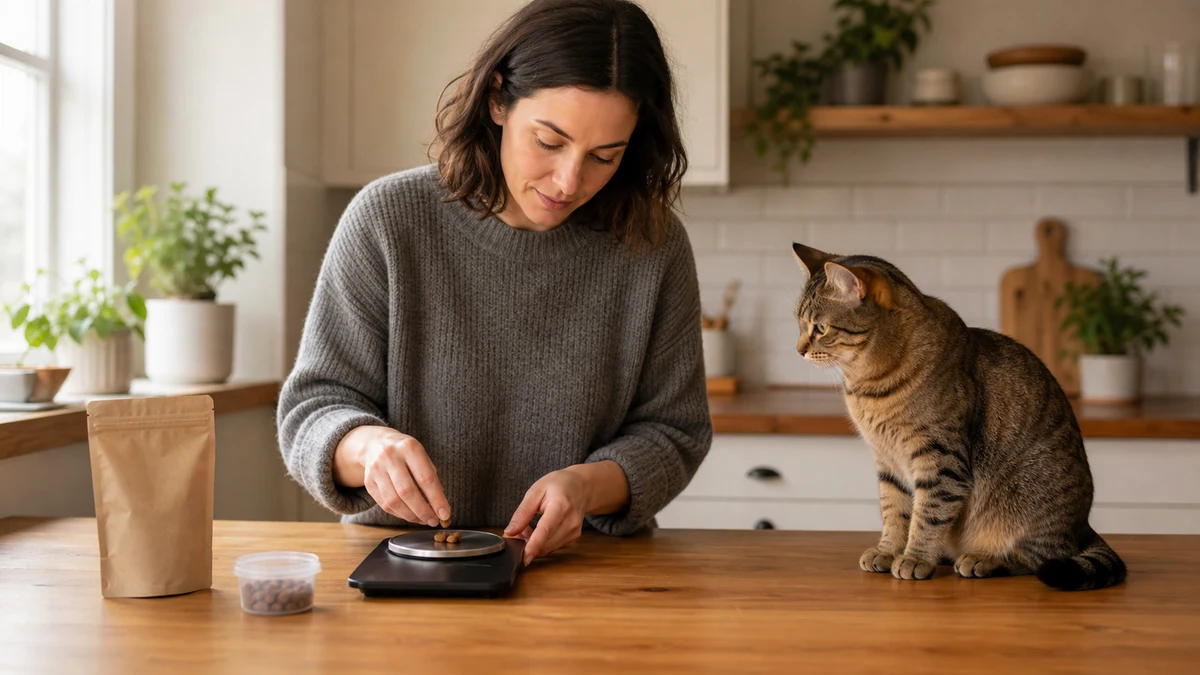 Caregiver weighing a few tiny cat treats on a digital kitchen scale while a healthy brown tabby waits nearby