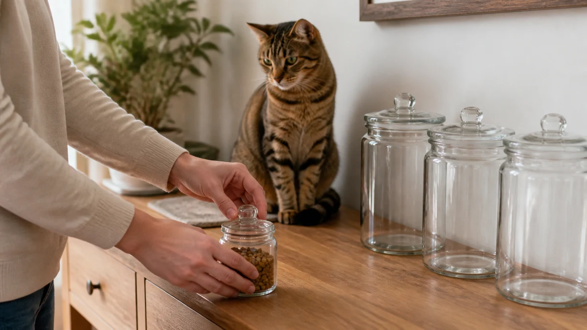 Caregiver closing a small jar that contains the cat's pre-portioned daily treat allowance