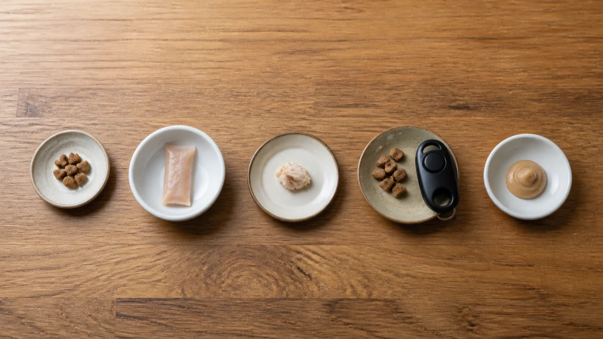 Five small dishes separately representing commercial treats, a lickable snack, human food, training rewards, and an edible supplement