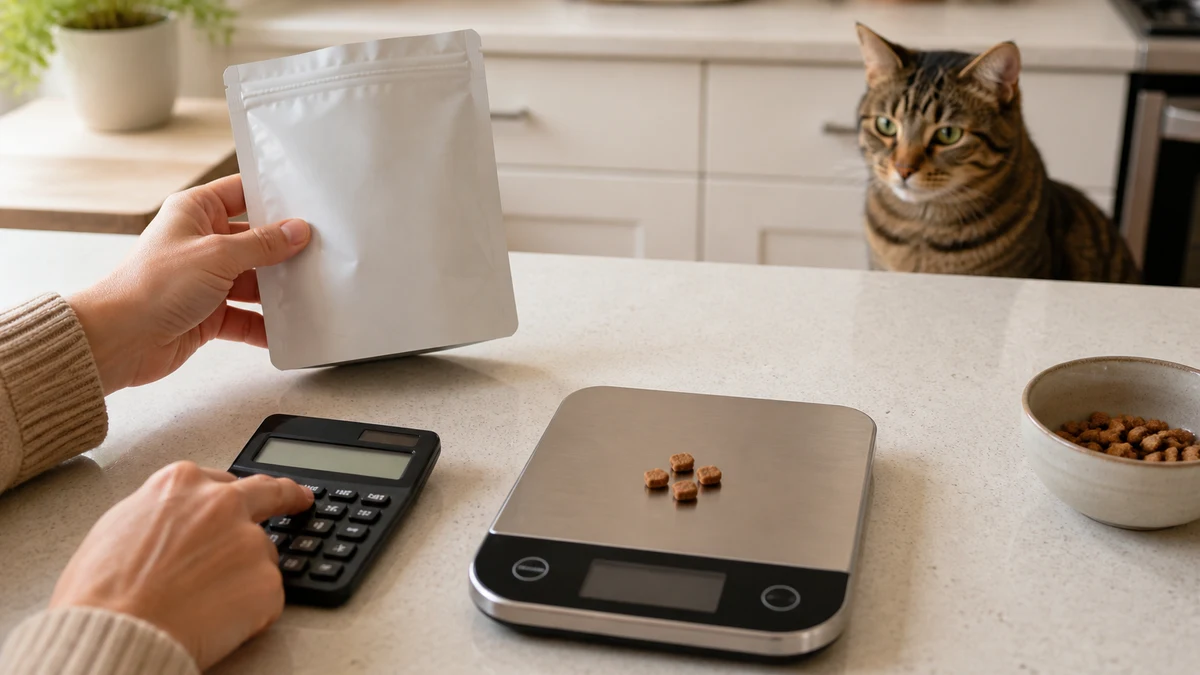 Caregiver comparing a plain treat package with a calculator and a few treats on a digital scale