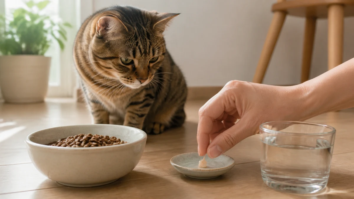 One pea-sized cooked chicken treat on a tiny saucer beside a tabby’s complete meal and fresh water