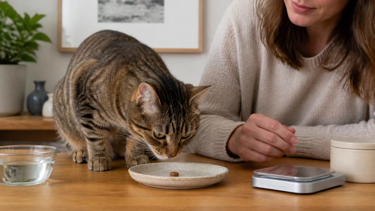 Caregiver supervising a brown tabby as the cat approaches one appropriately small treat beside a scale and fresh water
