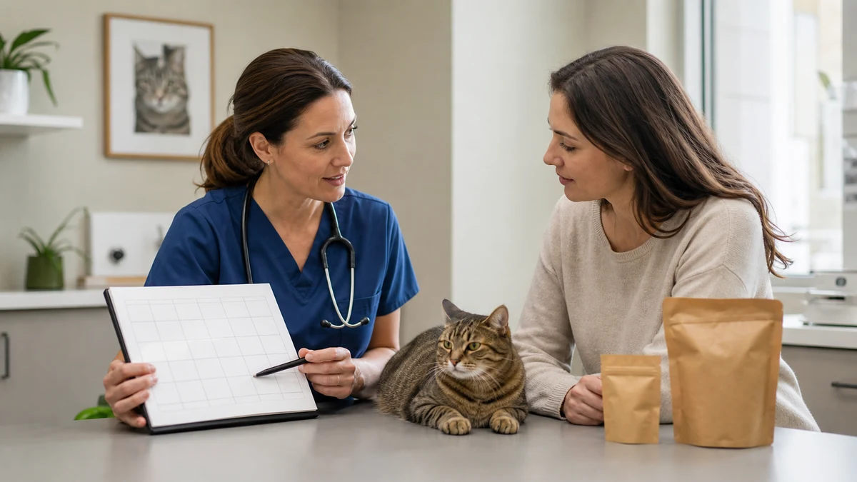 Veterinarian and caregiver reviewing an individualized feeding plan beside a calm brown tabby and separate plain food packages