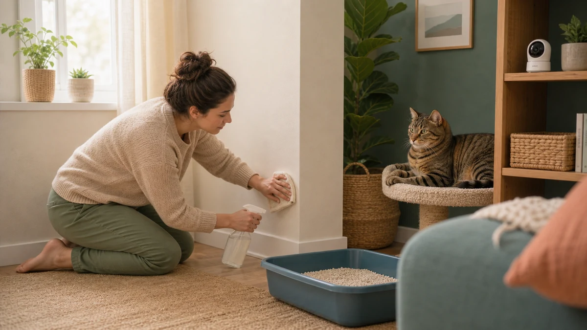 Caregiver calmly cleaning a wall near a litter box while the tabby cat rests undisturbed on a separate perch