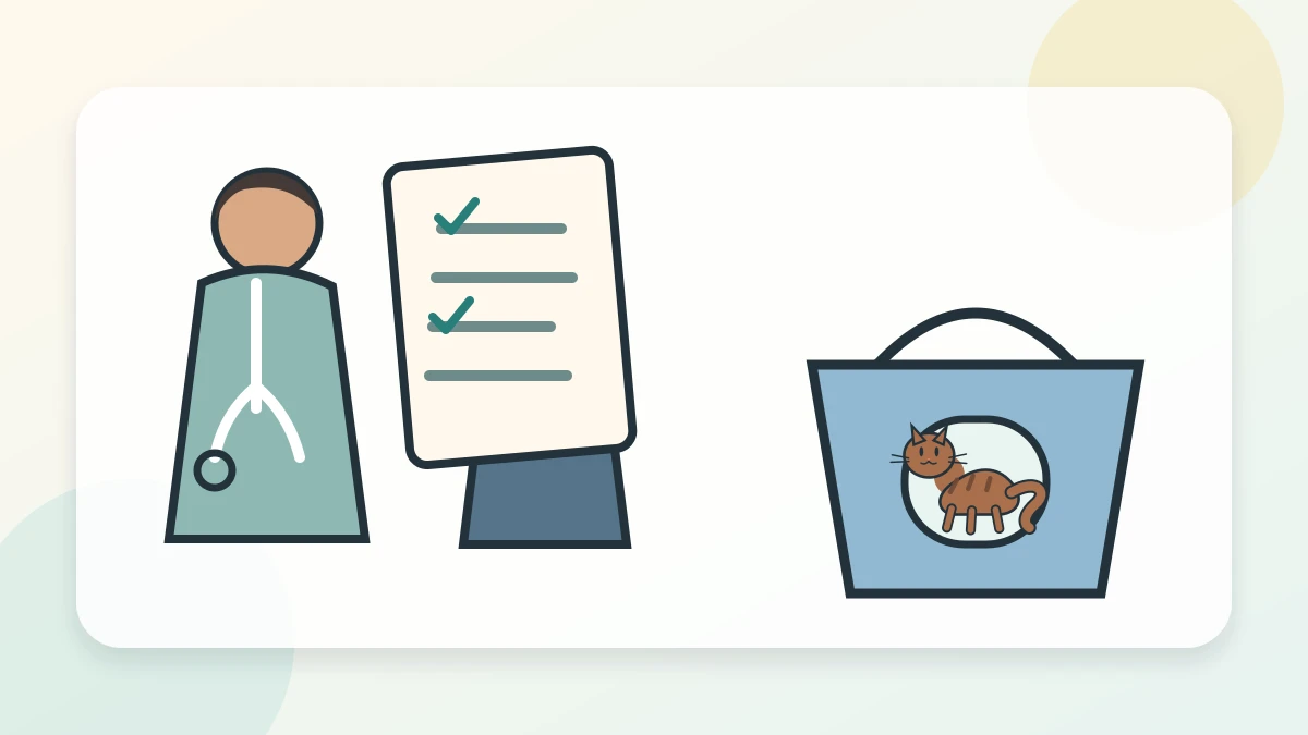 Veterinarian reviewing a behavior log with a caregiver while the cat rests safely in an open carrier nearby
