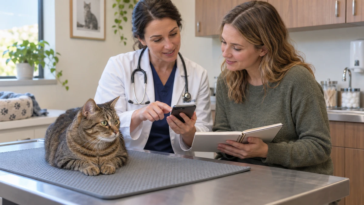 Veterinarian and caregiver reviewing phone photos and a notebook while a relaxed tabby rests on an exam mat