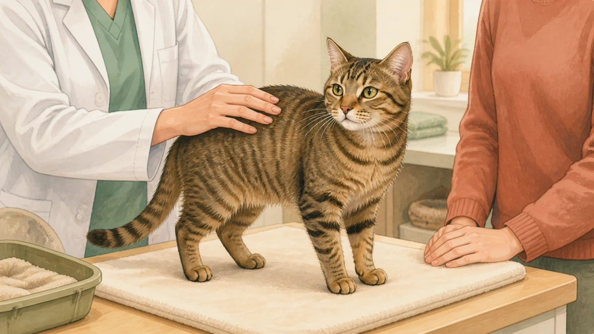 Veterinarian gently examining a cat on a padded table while the caregiver provides calm support