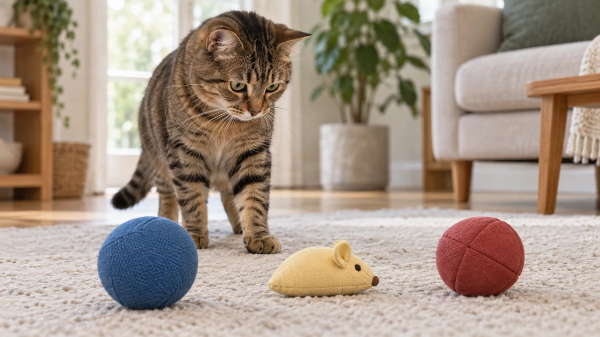 Brown tabby compares a blue ball, pale yellow cloth mouse, and muted red ball on a neutral rug