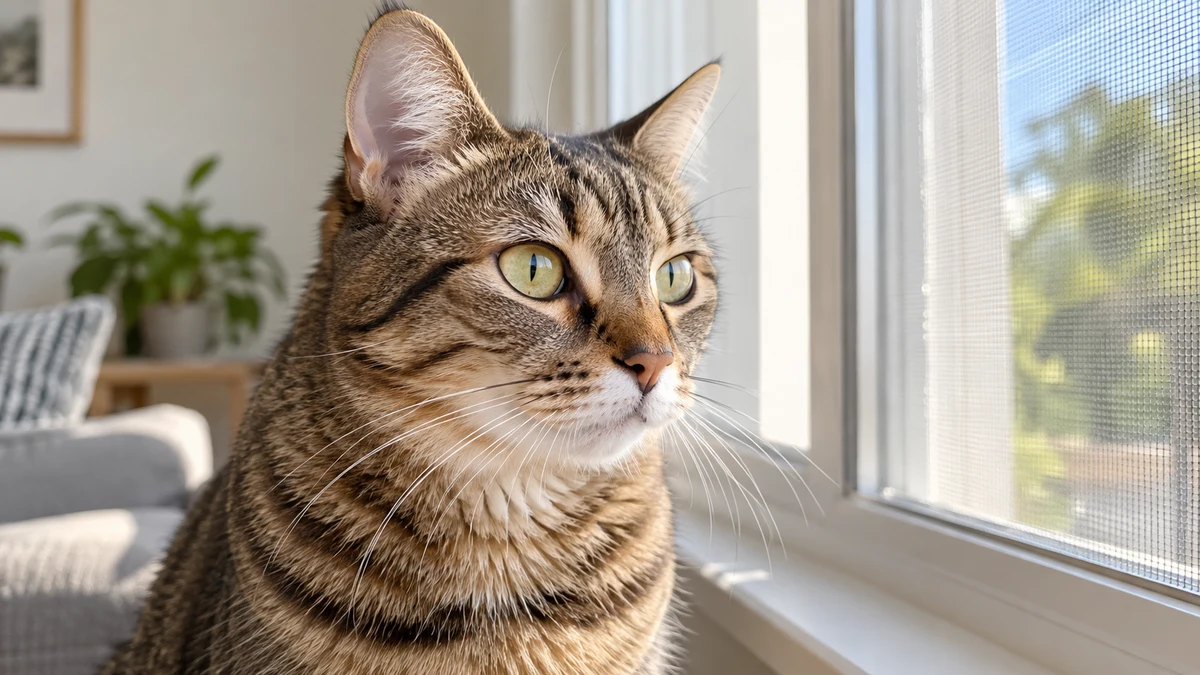Close view of a healthy brown tabby’s vertical pupils beside a secure sunlit window