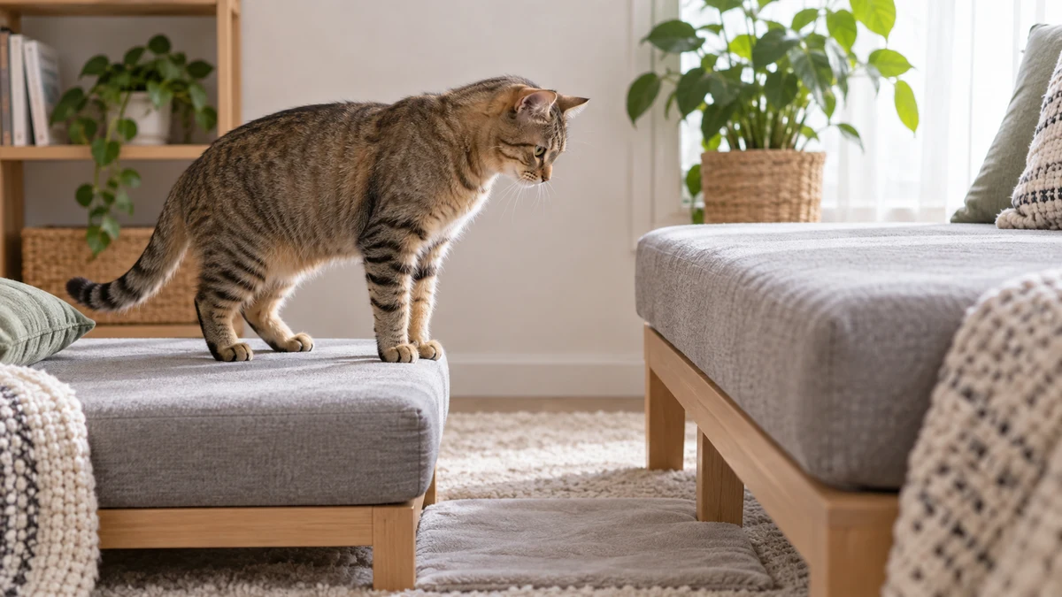 Brown tabby studies a short gap between two broad padded platforms with a soft landing below