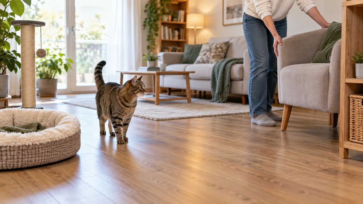 Caregiver moves one chair while a brown tabby keeps a clear route to a familiar bed and scratching post