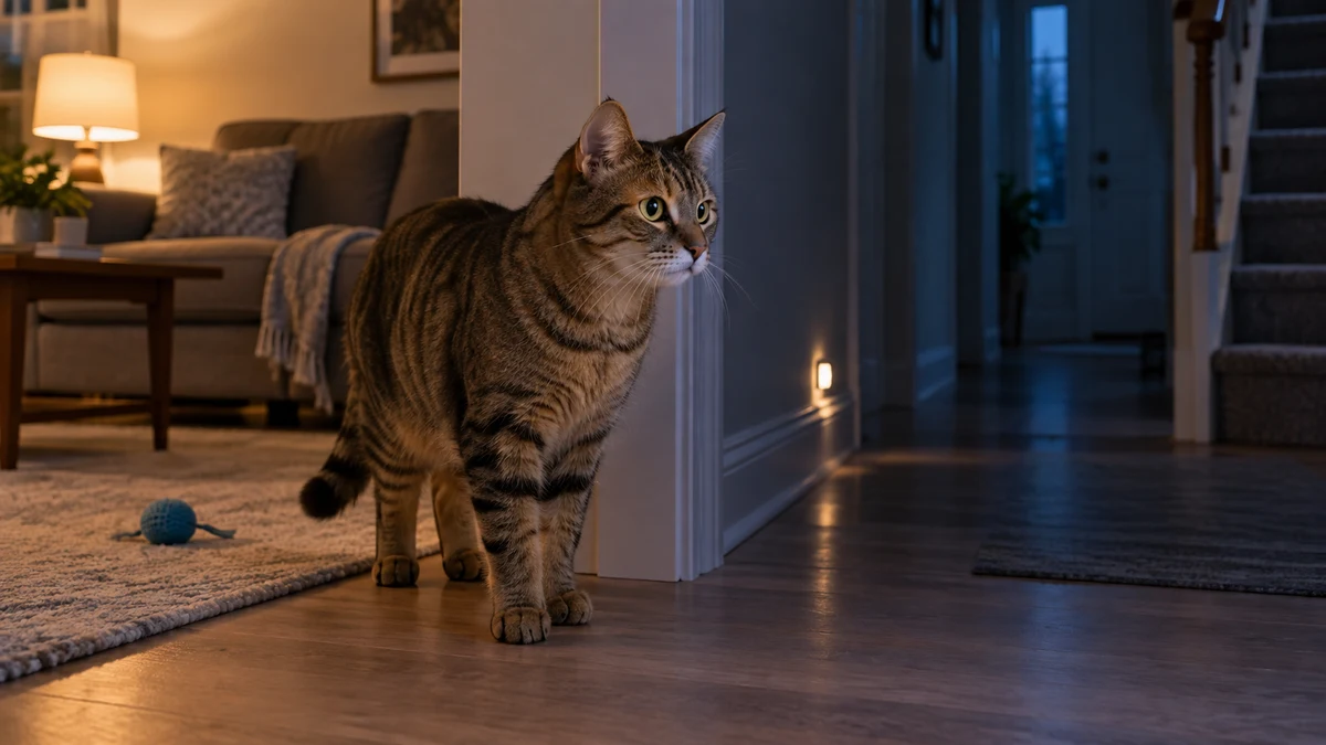 Adult brown tabby stands between a softly lit living room and a dim hallway with a low nightlight