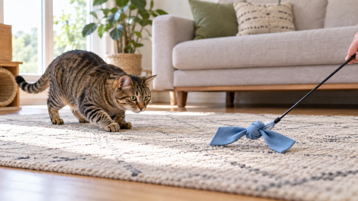 Brown tabby tracks a large blue fabric wand lure moving low across a clear rug