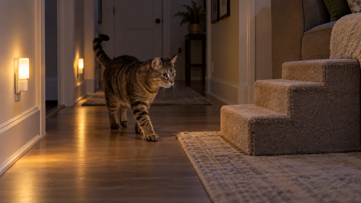 Brown tabby walks along a softly lit clear hallway toward stable carpeted pet steps