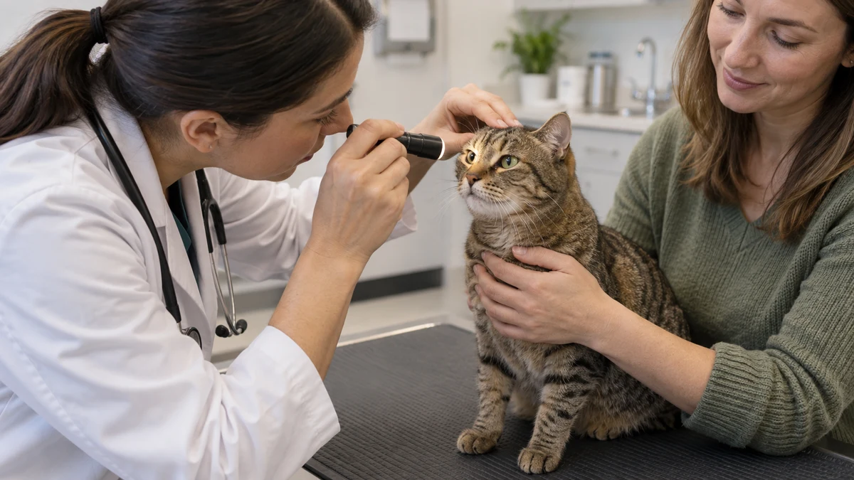 Veterinarian gently examines a brown tabby’s eye with a handheld ophthalmic light while a caregiver supports the cat