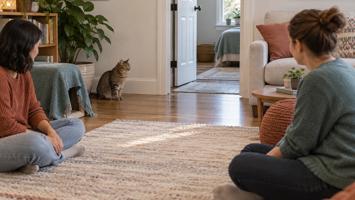 Brown tabby chooses to observe two seated adults from a distance beside a covered hide and an open route to a quiet room