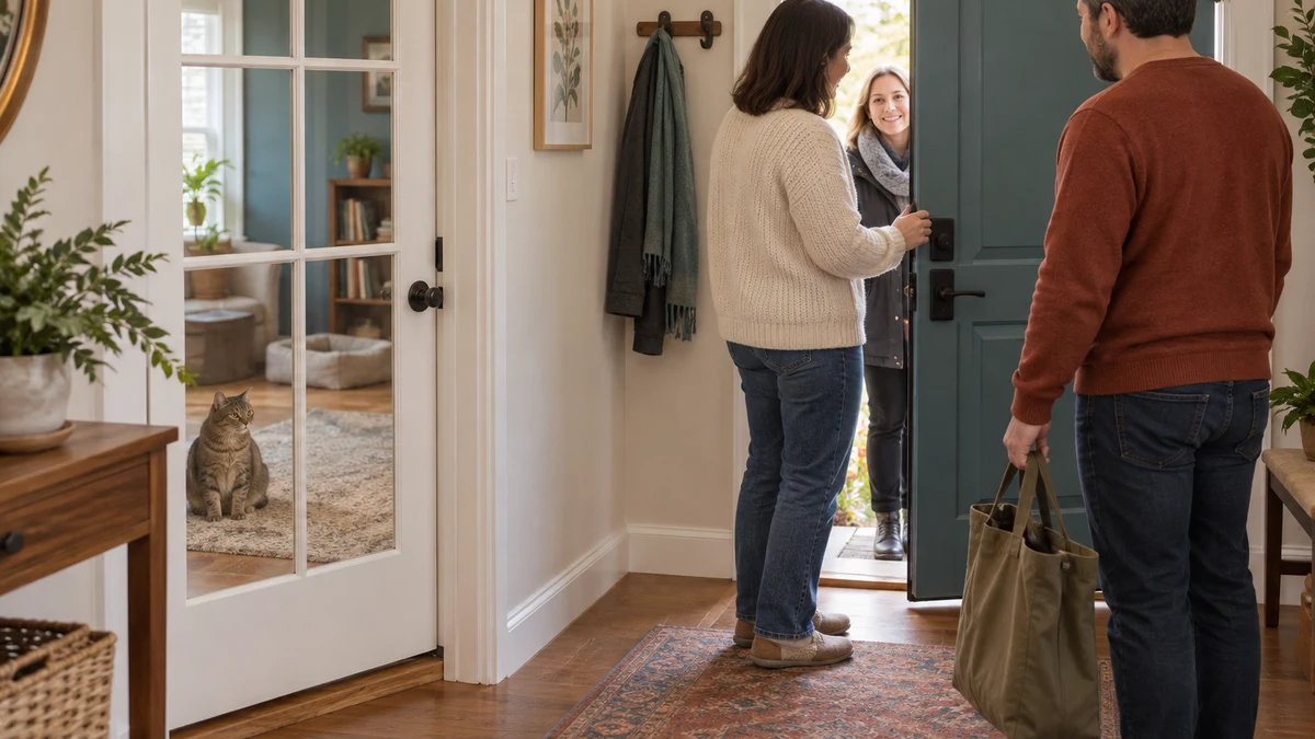 Caregiver greets a visitor at a partly opened exterior door while a brown tabby remains behind a closed interior barrier