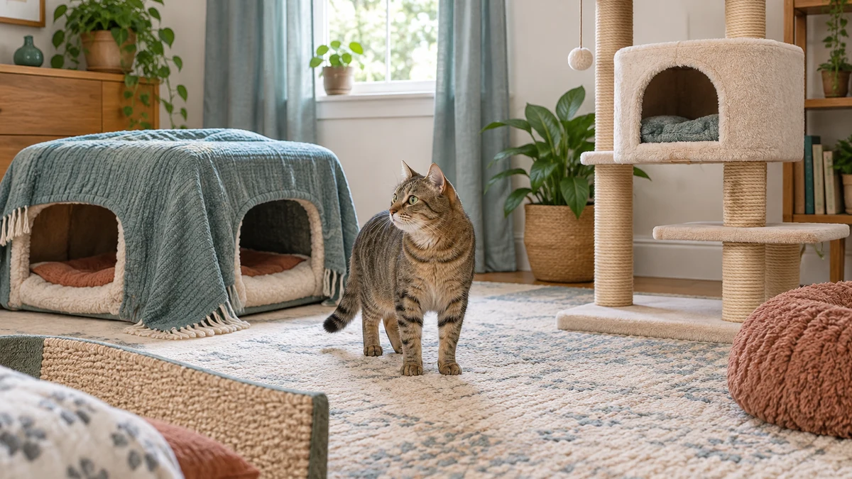 Brown tabby stands freely between a covered floor-level bed and a stable cat tree with an elevated cubby in a quiet room