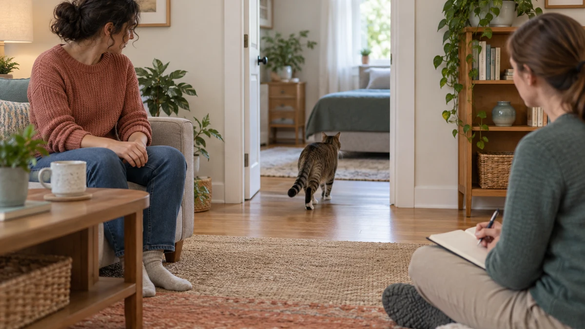 Brown tabby walks freely toward an open quiet room while the visitor withdraws and the caregiver records the response