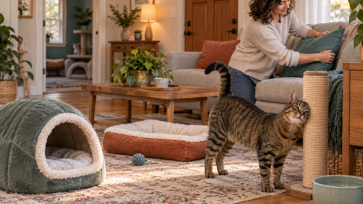 Brown tabby emerges after visitors leave and cheek-rubs a familiar scratcher while the caregiver quietly restores the room