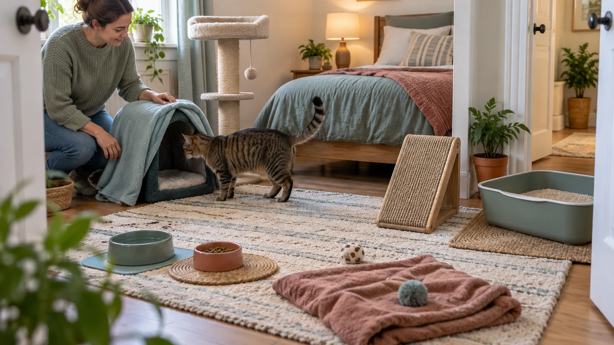 Caregiver prepares a familiar quiet room with a covered hide, high perch, water, food, litter, scratching, and open routes for a brown tabby