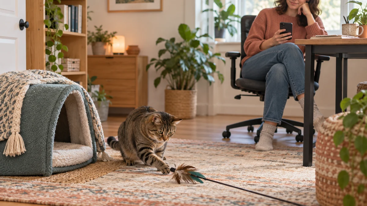 Brown tabby plays beside an open hide while a caregiver keeps a low-volume visitor sound recording several feet away
