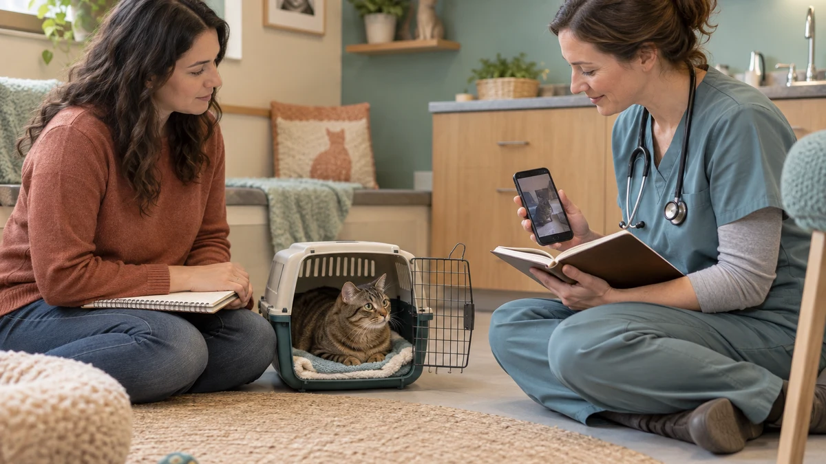Veterinarian and caregiver review an observation log while a brown tabby remains on familiar bedding in an open carrier