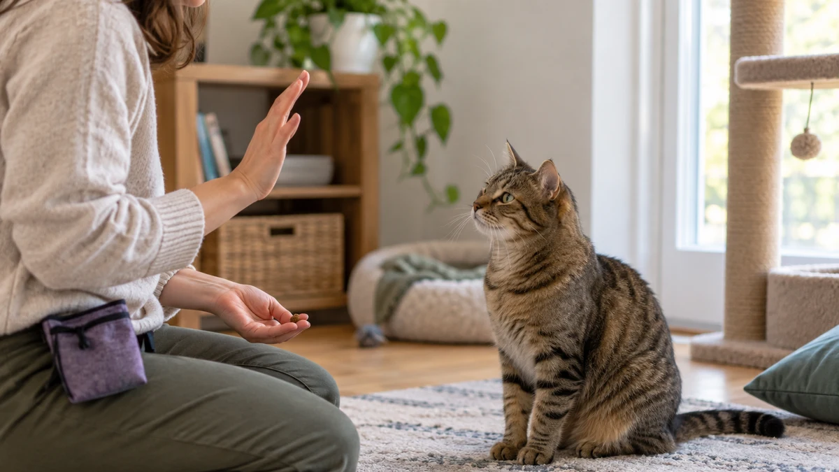 Relaxed brown tabby watches a caregiver use a gentle visual marker while the clicker stays muffled inside a fabric pocket