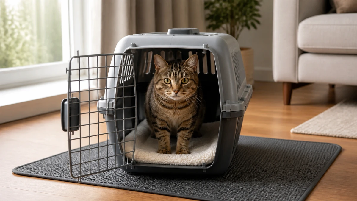 Relaxed brown tabby standing fully inside a roomy carrier on familiar bedding with the front door still wide open
