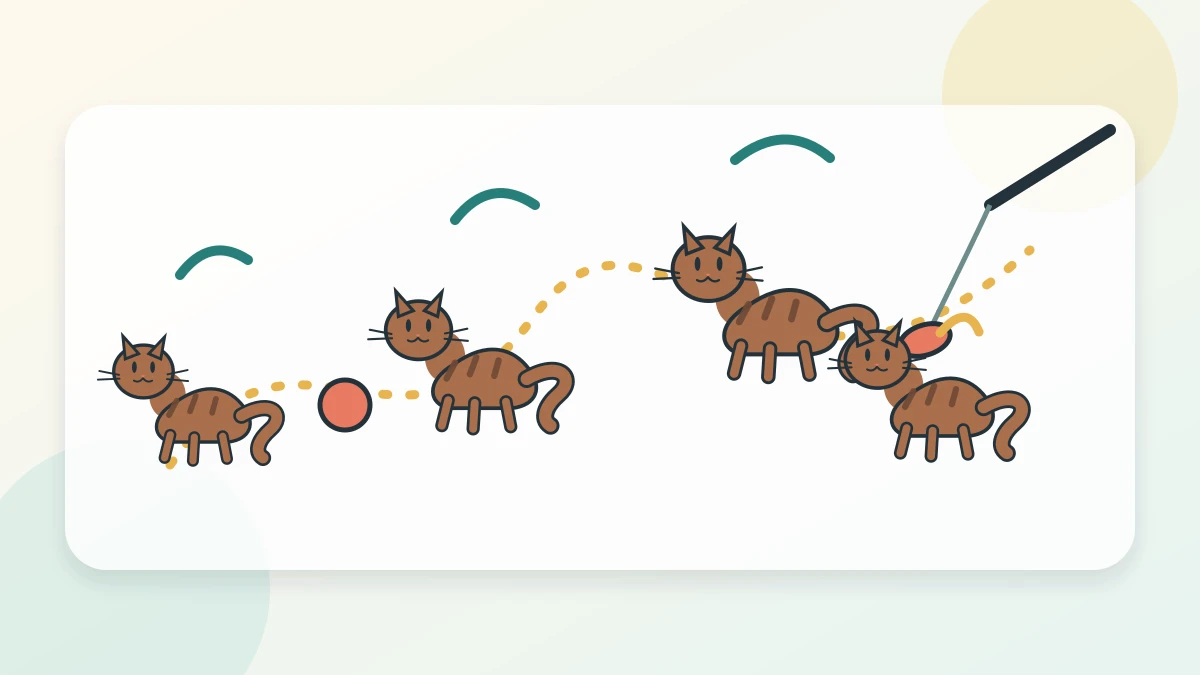Tabby cat moving through a complete wand-play sequence from searching to chasing, pouncing, and catching