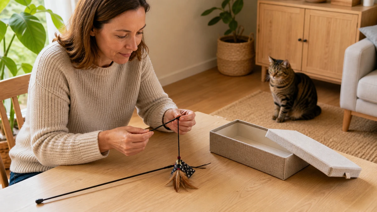 Caregiver inspecting a wand cord and lure before placing the complete toy in a lidded storage box away from the cat