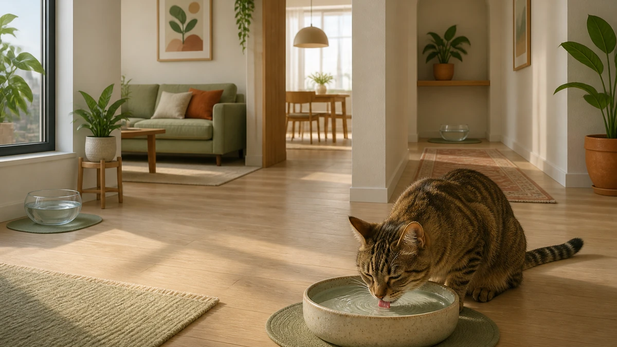 Brown tabby drinking from a wide bowl with other water stations dispersed through quiet, open locations