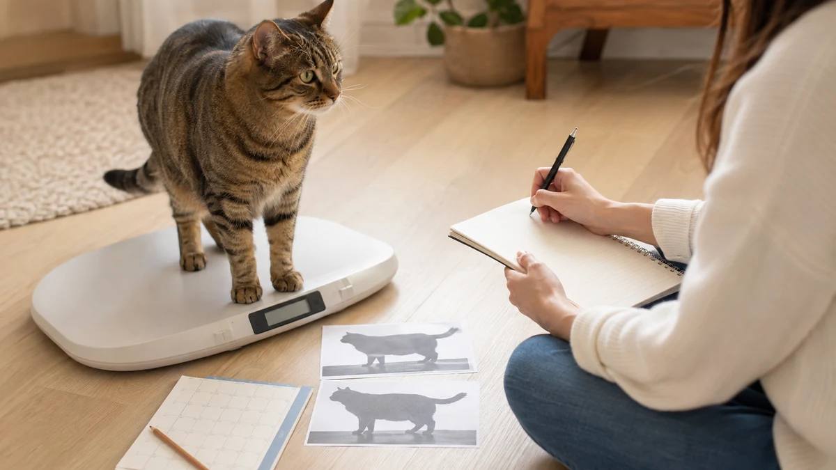 Brown tabby on the same pet scale beside a caregiver's blank notebook, calendar, and repeat profile photos