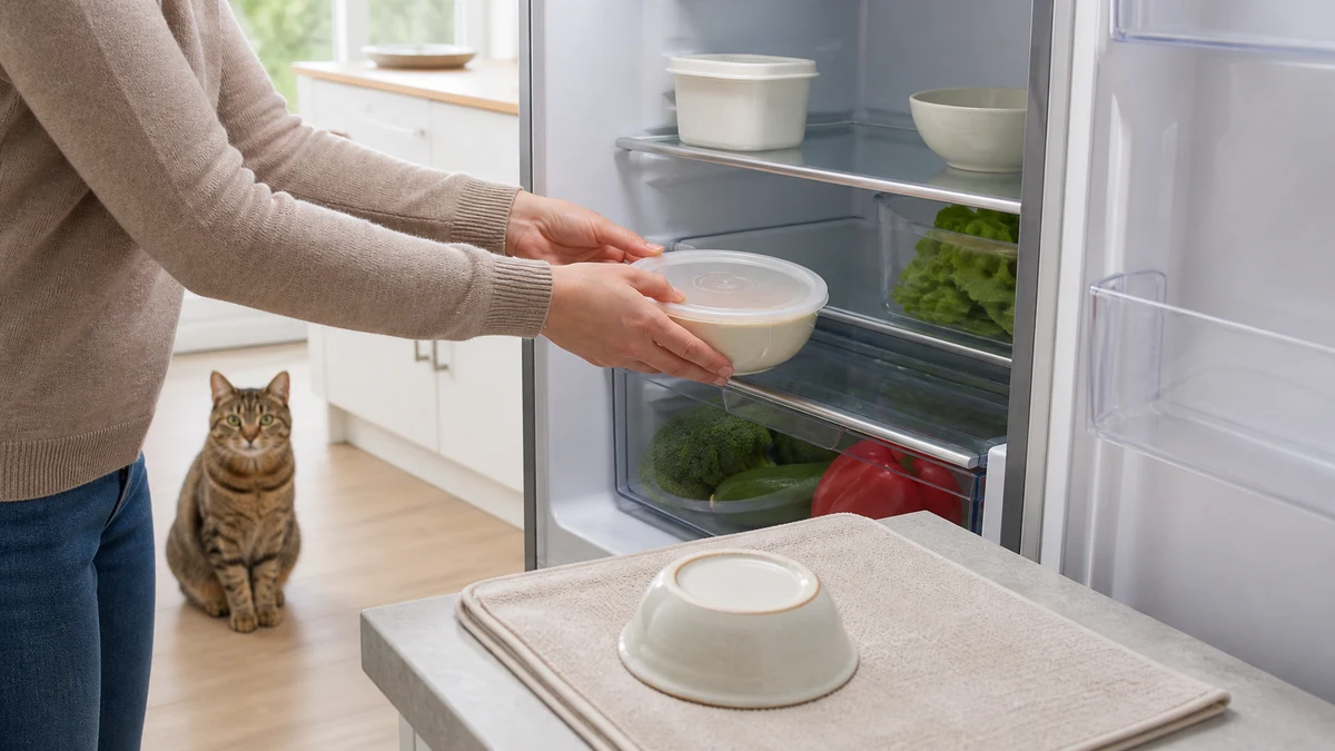 Caregiver placing covered wet-food leftovers in a refrigerator while a washed cat bowl dries nearby