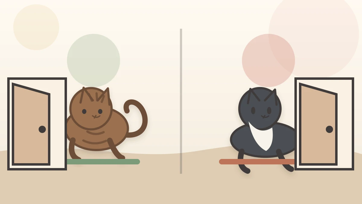 Relaxed curved cat postures contrast with tense fixed postures while both scenes preserve visible exit paths