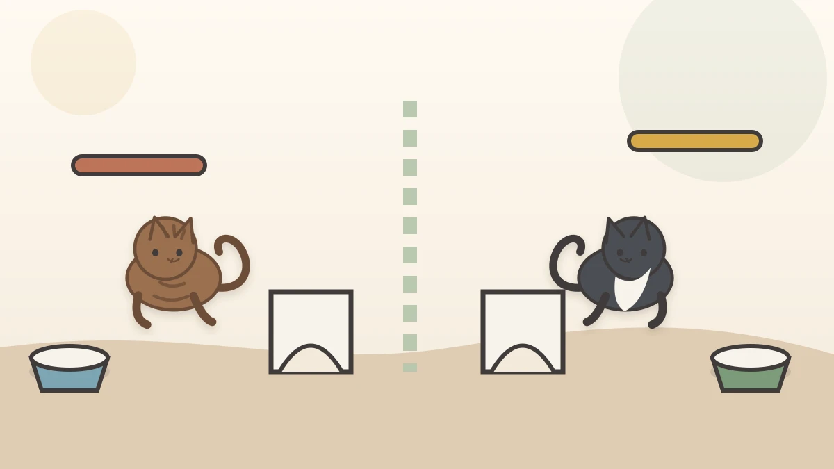 Two cats use separate food, water, litter, resting, scratching, and elevated areas divided by distance and furniture