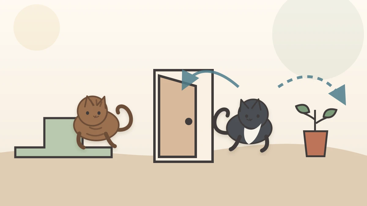 Black-and-white cat walks through an open doorway while a brown tabby remains relaxed beside a second route and high perch