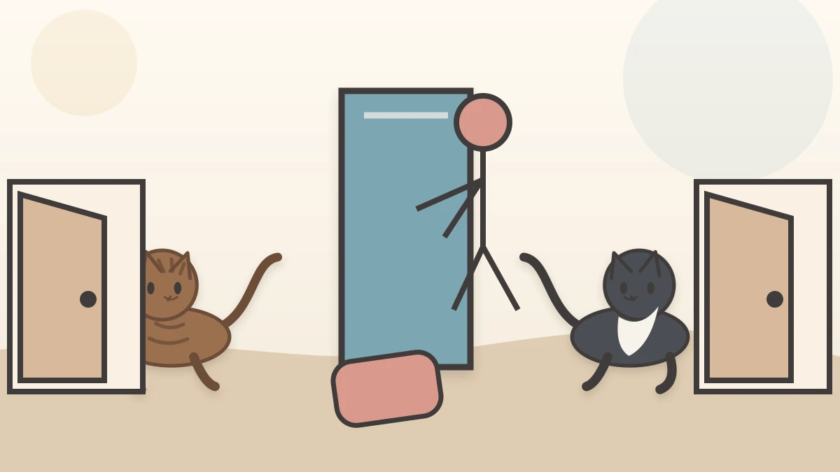 Caregiver holds an opaque panel from a safe distance while a soft cushion lies between two cats and separate doors remain open