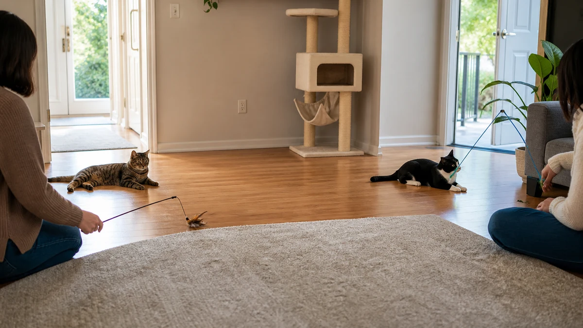 Two cats remaining far apart during a supervised meeting while separate caregivers use individual wand toys and leave exits open