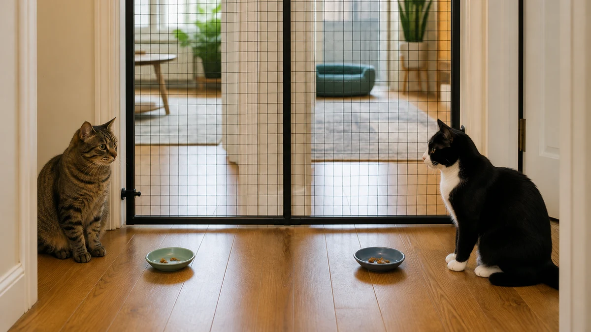 Brown tabby and black-and-white cat observing each other calmly from several feet away through a tall secure mesh barrier